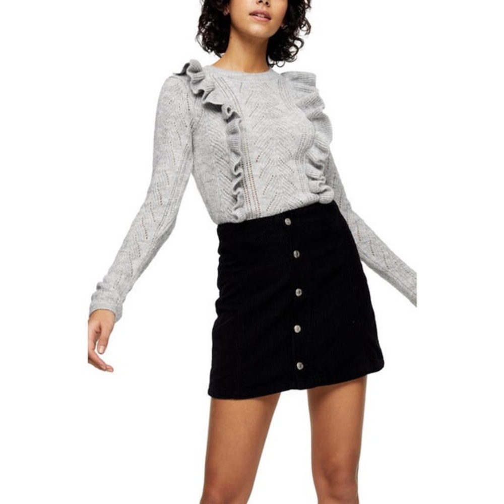 ASOS Topshop Ruffle Pointelle Crewneck Cropped Sweater, Light Gray - Picture 3 of 12